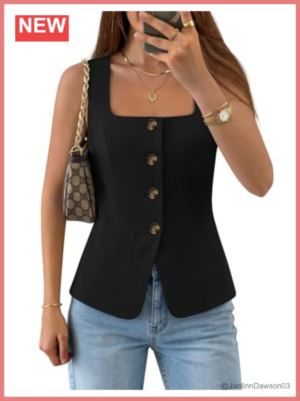 Sleeveless Suit Vest Square Neck Button Work Top